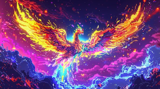 From a worms-eye view, depict a mystical phoenix rising from vibrant neon flames in a pixel art style Captivate with glowing feathers and a majestic aura,