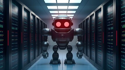 Evil robot with red glowing eyes is inside of data center. 