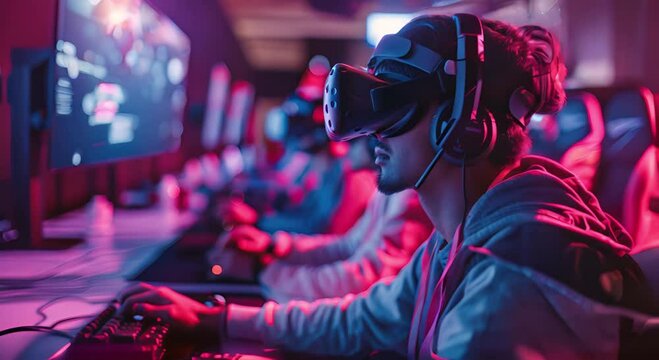 gamer wearing virtual reality headset playing video games