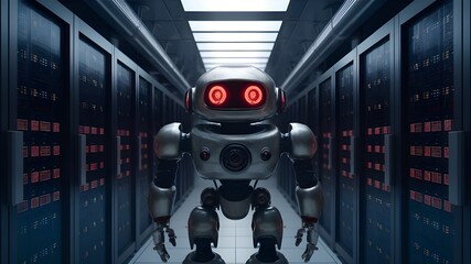 Evil robot with red glowing eyes is inside of data center. 