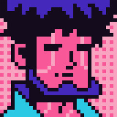 Pixel art male character 8-bit 80-s, caucasian man, avatar, cartoon vector icon, game user, web profile persons, people, social net portrait, gay face, minimalistic style.