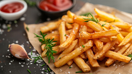 French Fries with Sauce, Ketchup and Rosemary Herb. Homemade Thick Fried Potatoes.