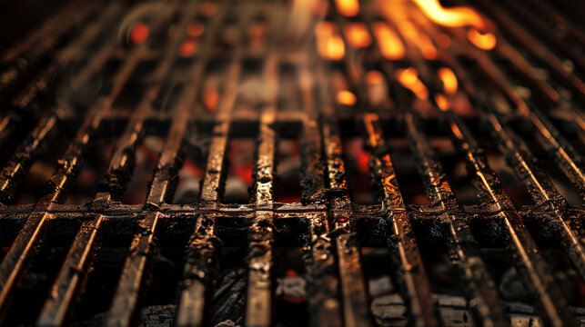 Before Cleaning Up Dirty Grill, BBQ Burnt Grate and Flames Background.