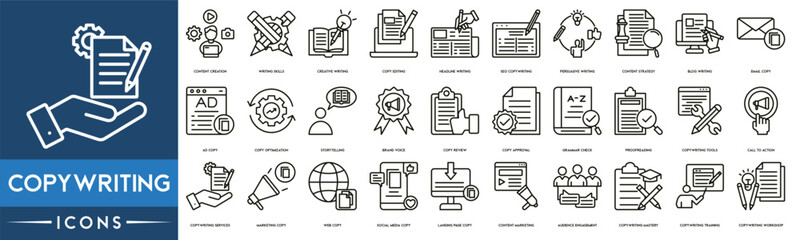 Copywriting icon. Content Creation, Writing Skills, Creative Writing, Copy Editing, Headline Writing, SEO Copywriting, Persuasive Writing, Content Strategy line web icon set. Outline icons collection. - obrazy, fototapety, plakaty