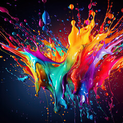 close up square image of colourful glowing splashes of paint floating over a dark background