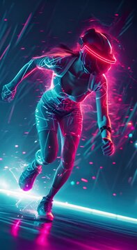A female runner wearing a virtual reality headset with a neon blue and pink trail behind her.