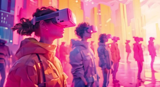 A group of people wearing VR headsets in a city.