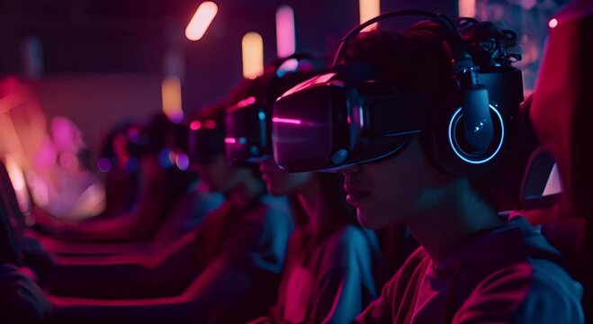 A group of teenagers are playing virtual reality games in an arcade.