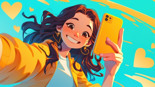 A teenage girl snaps selfies with a whimsical cartoon character in this dynamic 2d illustration for a coloring book available in both color and black and white versions against a crisp white