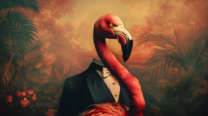 A flamingo donned in a stylish tuxedo. radiating elegance with its bright pink hue and distinctive stature - obrazy, fototapety, plakaty