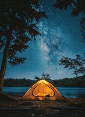 Tent Pitched on Lake Shore Under Night Sky