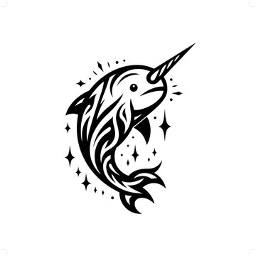 recommend clip art: narwhal in modern tribal tattoo, abstract line art of animals, minimalist contour. Vector