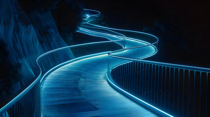 A footbridge with luminous handrails. bending like a rolling hillside. The background is raven black. 