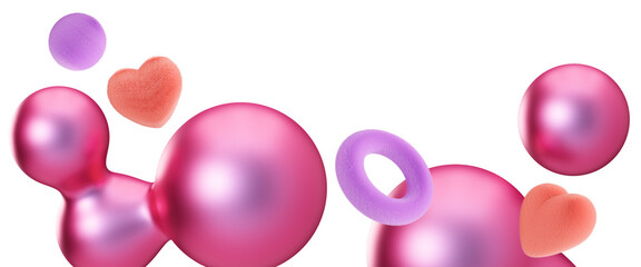 Playful footer with abstract, fluffy and metallic 3D shapes, on transparent background. Modern border. Pink and purple colors. Y2k style. Girlish design. Bottom of the sheet. 3D render.