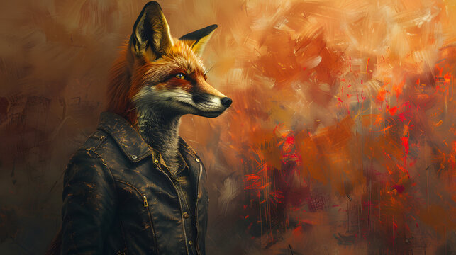 A fox in a sleek leather jacket. emanating coolness with its fiery colors and unique appearance