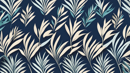 A close up of a blue and white wallpaper with a pattern of leaves generative ai