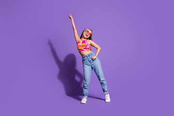 Photo of charming positive glad girl wear stylish clothes dance night club isolated on purple color background