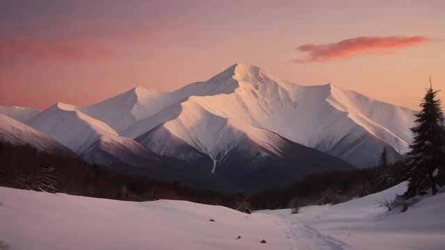 A snow-covered mountain range at sunset, with vibrant hues of pink and orange in the sky