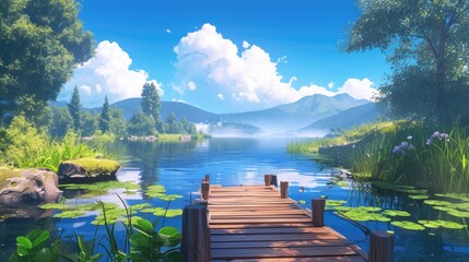 An idyllic scene of a serene lake with a charming wooden jetty perfect for a relaxing vacation getaway - obrazy, fototapety, plakaty