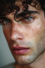 closeup portrait of handsome man, olive skin, sharp cheekbones, dark green eyes, curly dark brown hair, thoughtful look, fictional chatacter, atractive model