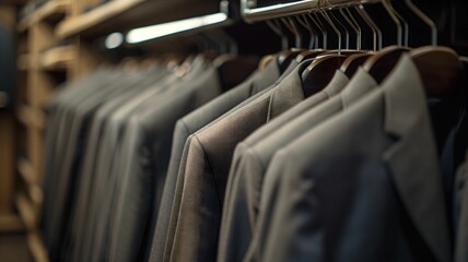 A pristine closet scene featuring a row of perfectly hung garments on hangers