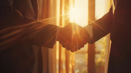 wo confident business man shaking hands during a meeting in the office, success, dealing, greeting and partner in sun light