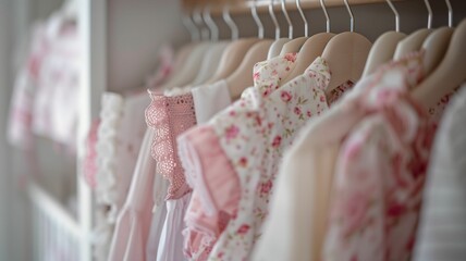 A pristine closet scene featuring a row of perfectly hung garments on hangers