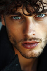 Fototapeta premium closeup portrait of handsome man, olive skin, sharp cheekbones, dark green eyes, curly dark brown hair, thoughtful look, fictional chatacter, atractive model
