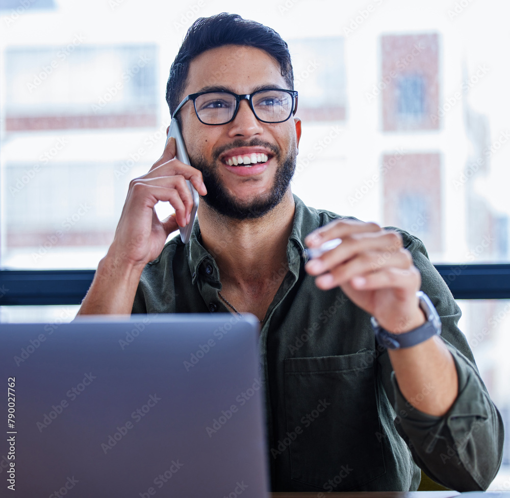 Poster happy, man and phone call in office with conversation for connection, talking and communication for 