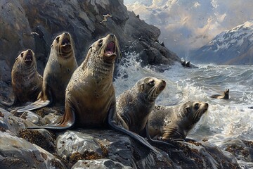 A group of playful sea lions sunbathing on rocky shores, their barks filling the air with life - obrazy, fototapety, plakaty