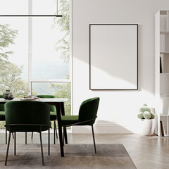 Black vertical poster frame mock up in dinning room modern interior with luxury dark green chairs and marble glass table with wooden floor and white wall, 3d rendering
