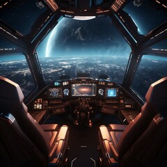 Spaceship cockpit with technology gadgets emitting a soft glow, navigating through a war zone, tense anticipation, 
