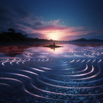 Rippling time stream visualized through genetic sequences, gratitude for past and future insights, interactive display, twilight ambiance, 