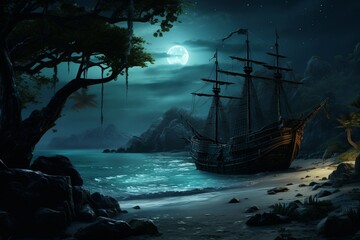 Bioluminescent Duskwood on the shore, providing a refreshing backdrop for a pirates secret rendezvous, moonlit whispers, 