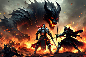 a chivalrous knight fighting the devil, Generative AI	
