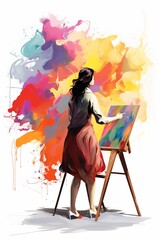 Illustration of a female artist painting a colorful easel on a white background