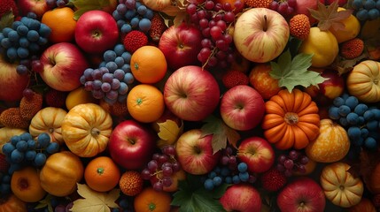 background with harvested fruits and vegetables in autumn. 