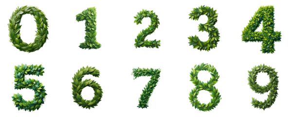 Fresh Leafy Numbers Collection, set of floral layout numbers made from fresh green leaves isolated on white background