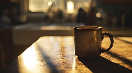 Simple Pleasures: Coffee Mug on Neutral Countertop - obrazy, fototapety, plakaty