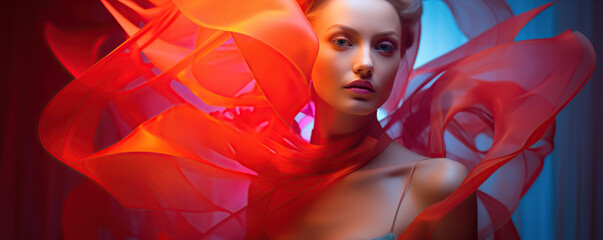 Woman Posing With Flowing Red Fabric Against a Blue Background