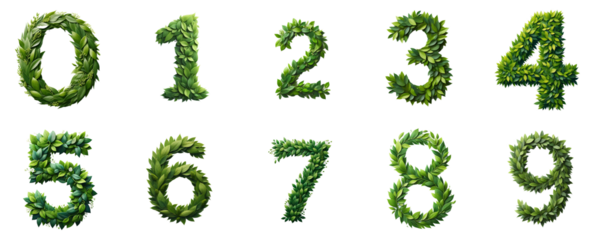 Fresh Leafy Numbers Collection, set of floral layout numbers  made from fresh green leaves isolated on white background	