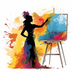 Illustration of a female artist painting a colorful easel on a white background