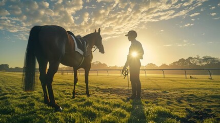 Obraz premium Morning Preparations: Wide Shot of Horsetrainer, Race Horse, and Jockey on Turf Track