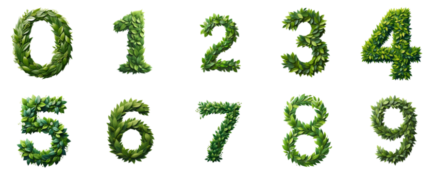 Fresh Leafy Numbers Collection, set of floral layout numbers  made from fresh green leaves isolated on white background	