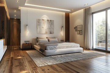 Naklejka na ściany i meble Sleek and modern bedroom with sleek white headboard, wooden floors, wall sconces for lighting, vibrant purple pillows on the bed, contemporary art piece above it, warm yellow walls