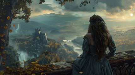Background view of fantasy queen looking out on her kingdom