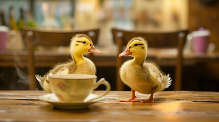 two small yellow ducklings standing on the table with a coffee cup in a café.  - obrazy, fototapety, plakaty