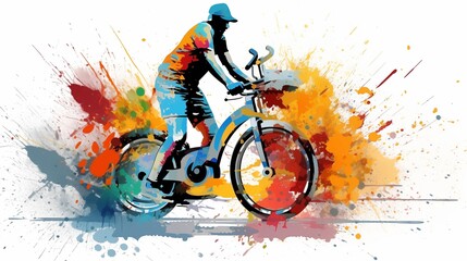 Abstract colorful illustration of a man riding a stationary bike on a white background