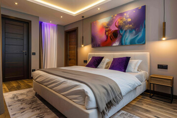 Sleek and modern bedroom with sleek white headboard, wooden floors, wall sconces for lighting, vibrant purple pillows on the bed, contemporary art piece above it, warm yellow walls
