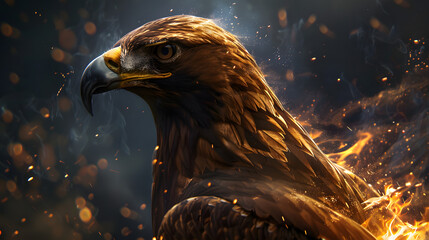A golden eagle with fiery red sparks flickering around its body. intense eyes and broad wings